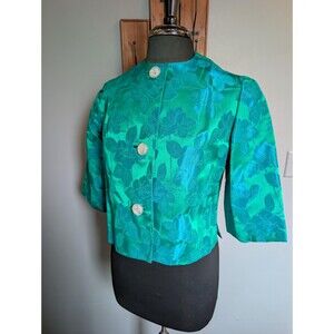 Vintage 60s Brocade Blue & Green Cropped Jacket, Formal Event Outfit
